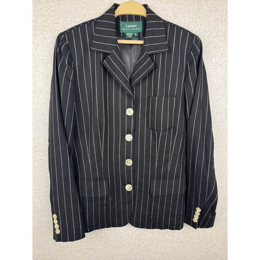Lauren Ralph Lauren Black Pinstripe Blazer Linen Wool Quiet Luxury USA 6